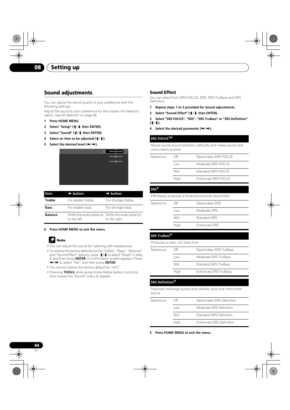 Sound adjustments, Setting up 08 | Pioneer KRP-600A User Manual | Page 44 / 345
