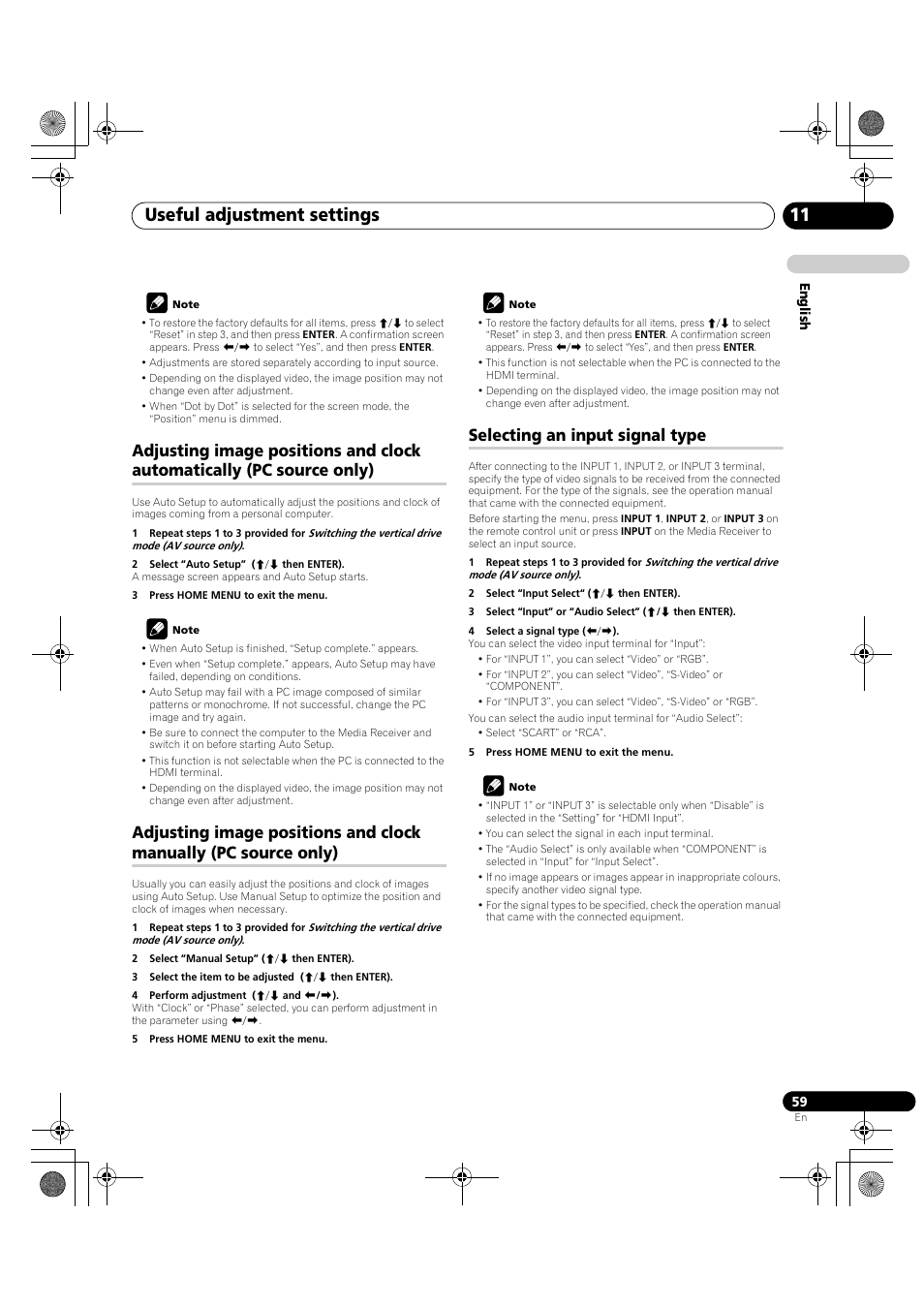 Adjusting image positions and clock automatically, Pc source only), Adjusting image positions and clock manually | Selecting an input signal type, Useful adjustment settings 11 | Pioneer KRP-600A User Manual | Page 59 / 345