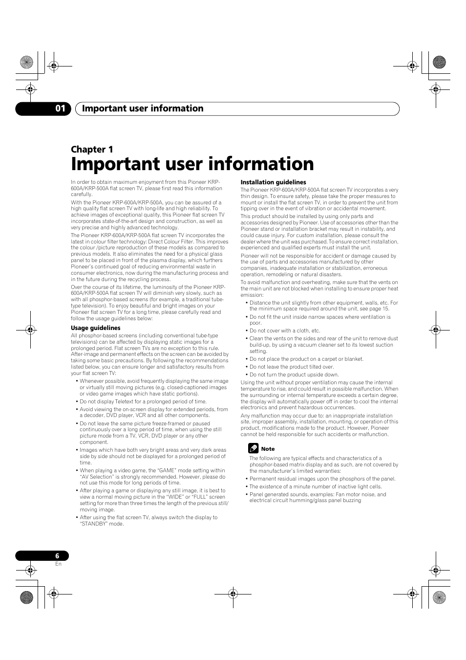 01 important user information, Important user information, Important user information 01 | Chapter 1 | Pioneer KRP-600A User Manual | Page 6 / 345