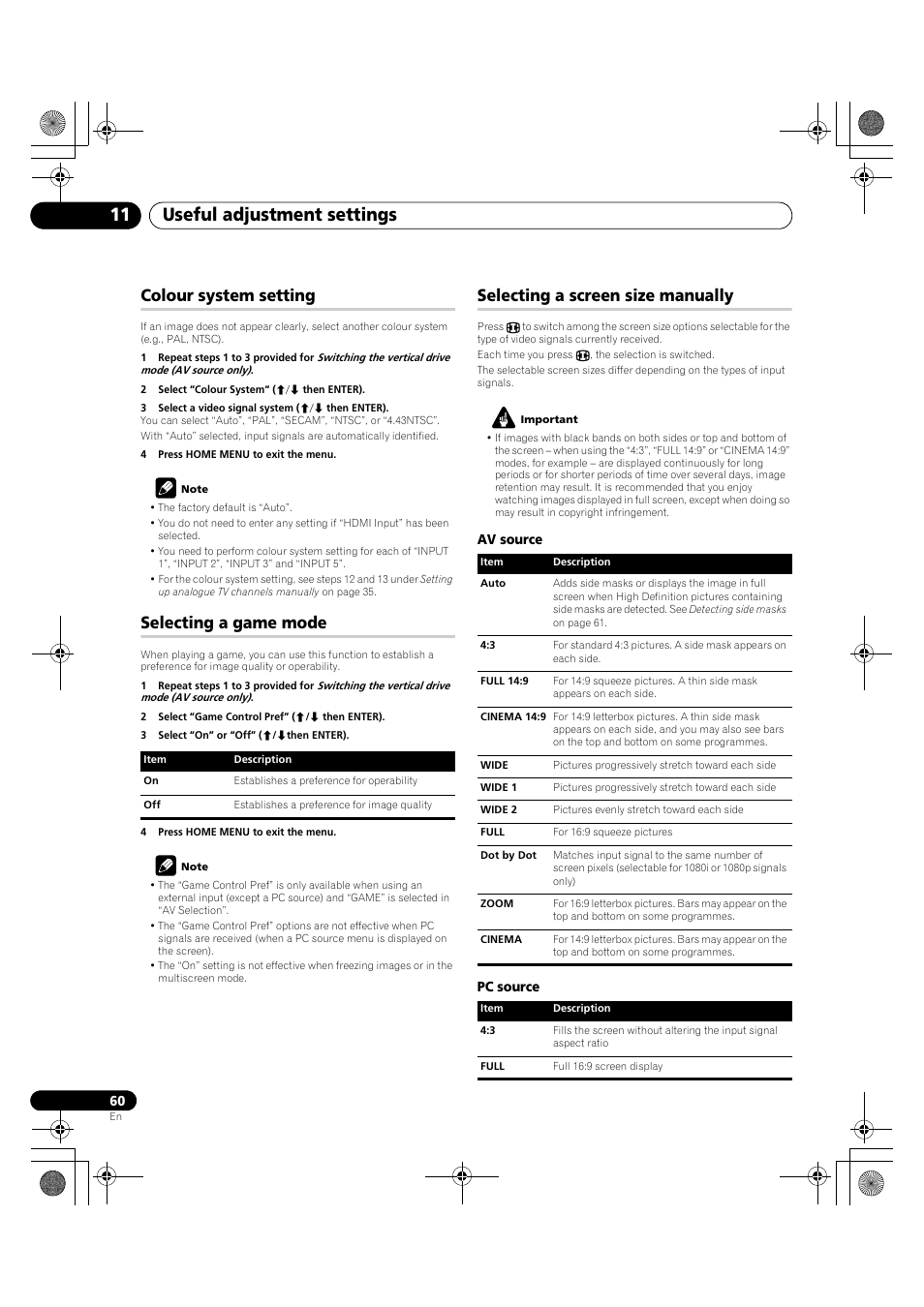 Useful adjustment settings 11, Colour system setting, Selecting a game mode | Selecting a screen size manually | Pioneer KRP-600A User Manual | Page 60 / 345