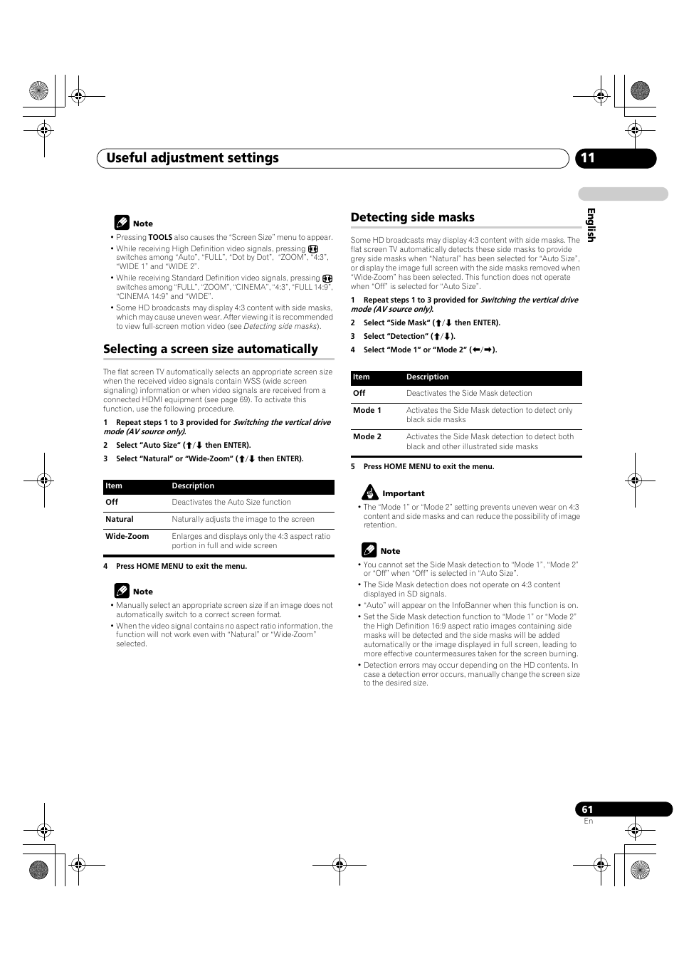 Useful adjustment settings 11, Selecting a screen size automatically, Detecting side masks | Pioneer KRP-600A User Manual | Page 61 / 345