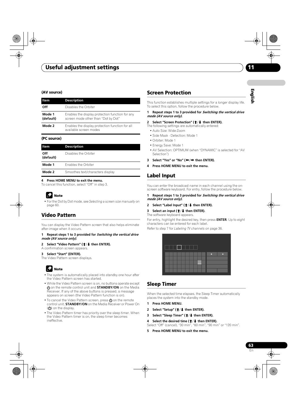 Useful adjustment settings 11, Video pattern, Screen protection | Label input, Sleep timer | Pioneer KRP-600A User Manual | Page 63 / 345