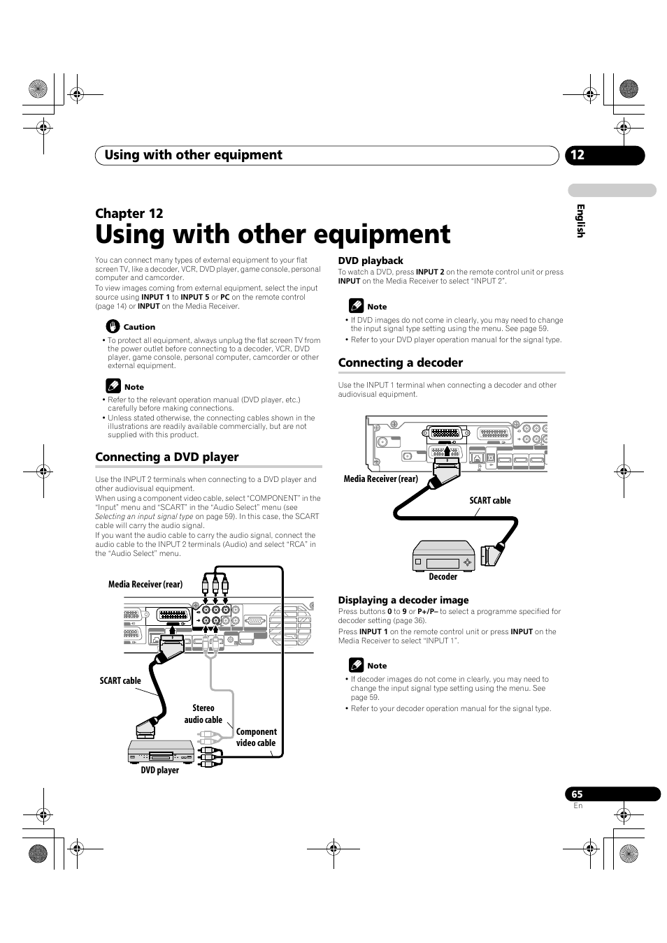 12 using with other equipment, Connecting a dvd player connecting a decoder, Using with other equipment | Using with other equipment 12, Chapter 12, Connecting a dvd player, Connecting a decoder, En glish, Dvd playback, Displaying a decoder image | Pioneer KRP-600A User Manual | Page 65 / 345