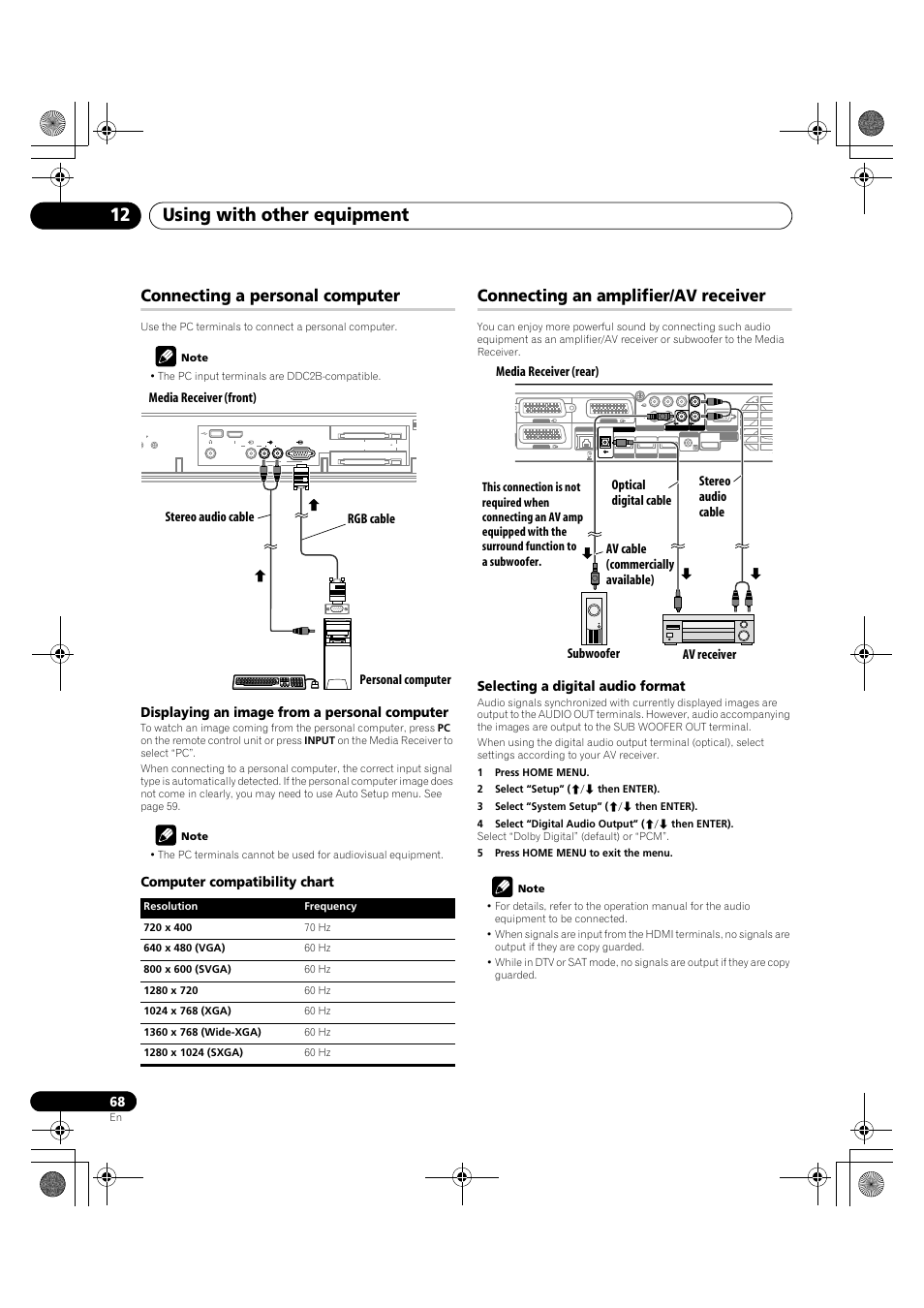 Using with other equipment 12, Connecting a personal computer, Connecting an amplifier/av receiver | Displaying an image from a personal computer, Computer compatibility chart, Selecting a digital audio format | Pioneer KRP-600A User Manual | Page 68 / 345