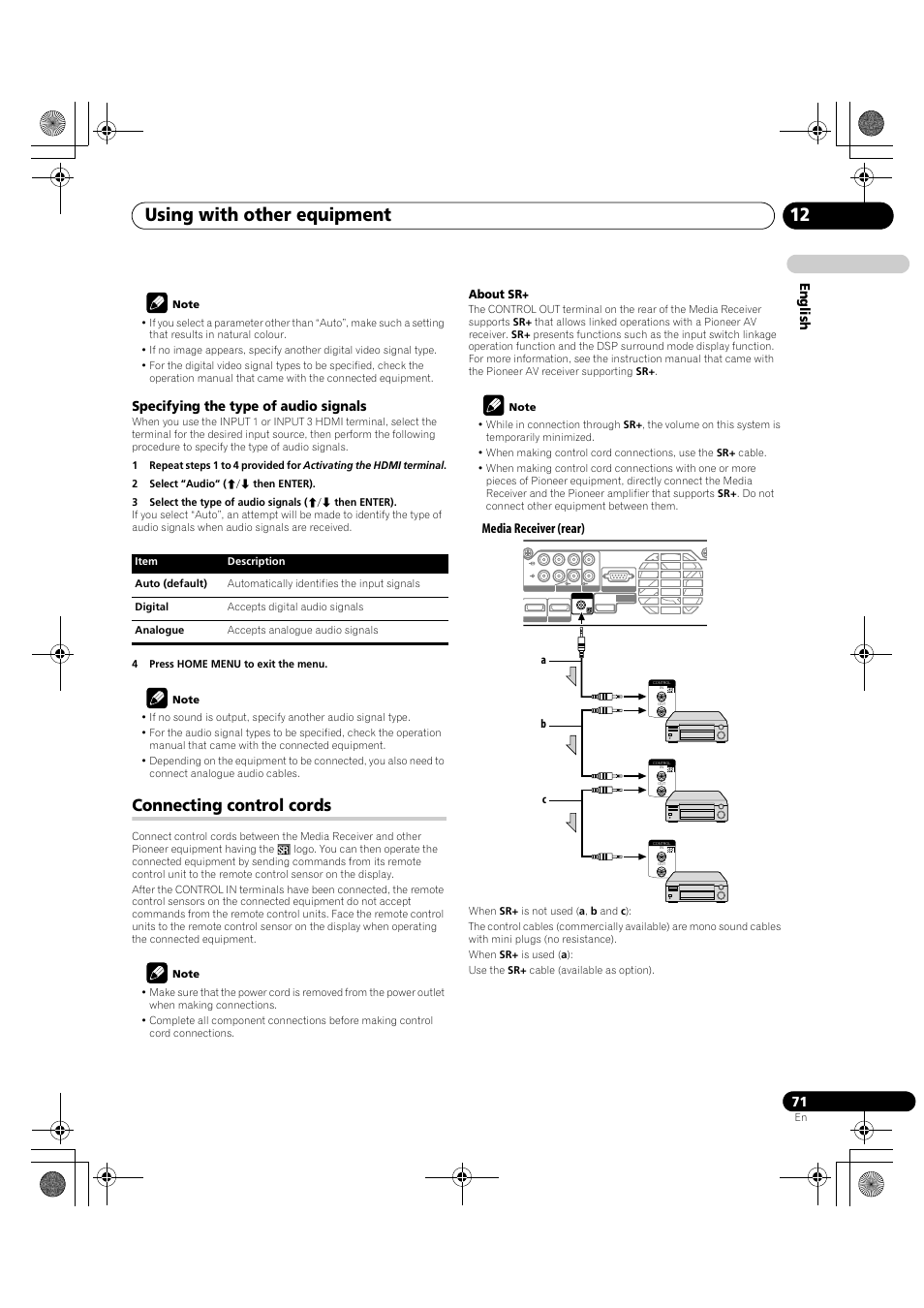 Connecting control cords, Using with other equipment 12, En glish | Specifying the type of audio signals, Media receiver (rear) | Pioneer KRP-600A User Manual | Page 71 / 345