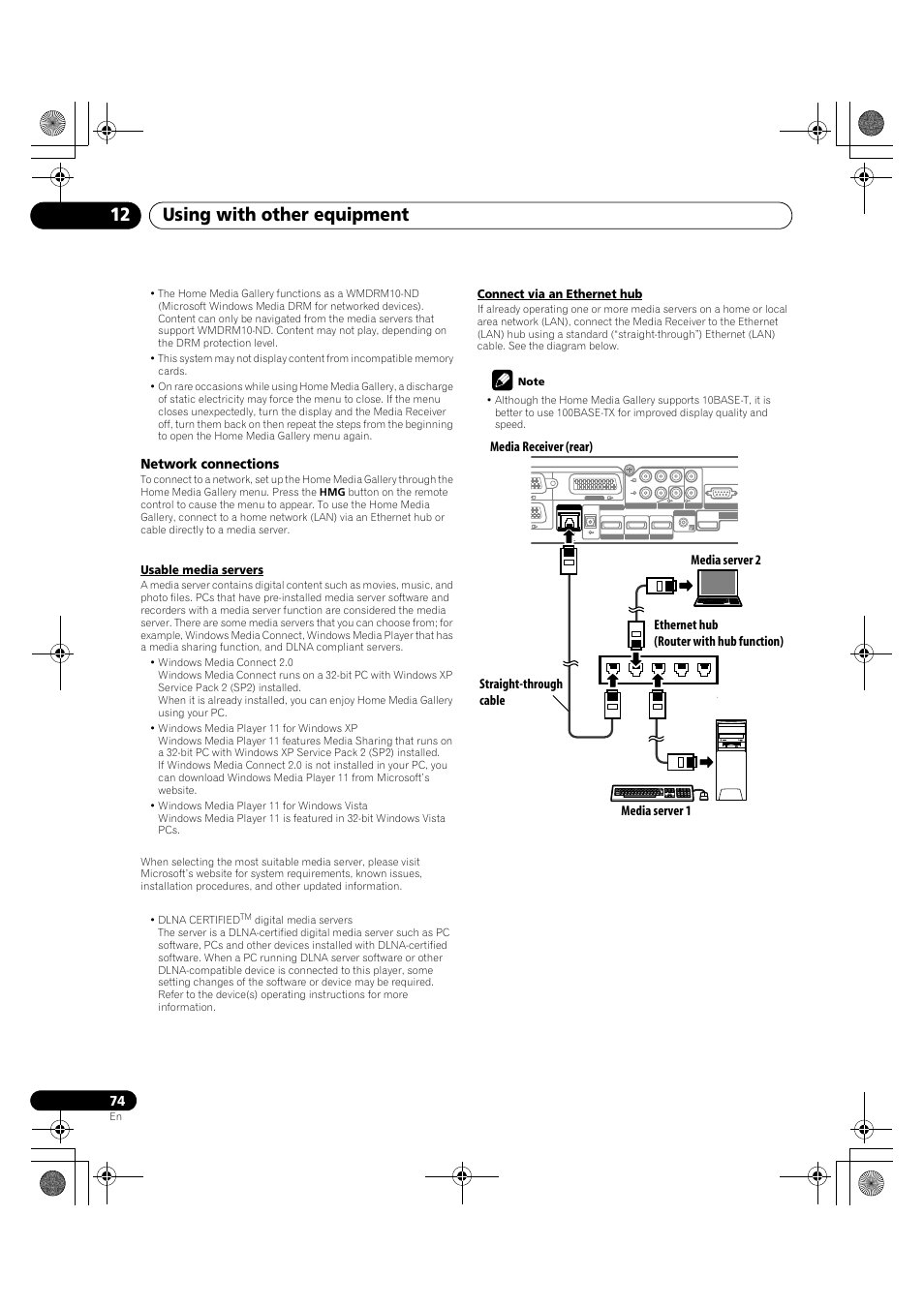Using with other equipment 12, Network connections, Usable media servers | Connect via an ethernet hub | Pioneer KRP-600A User Manual | Page 74 / 345