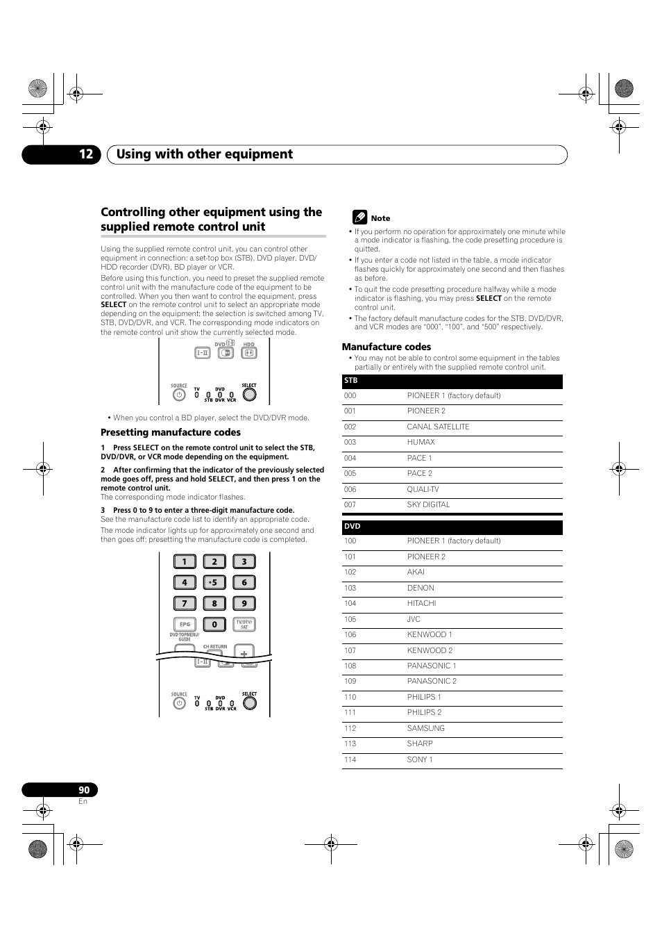 Controlling other equipment using the supplied, Remote control unit, Using with other equipment 12 | Pioneer KRP-600A User Manual | Page 90 / 345