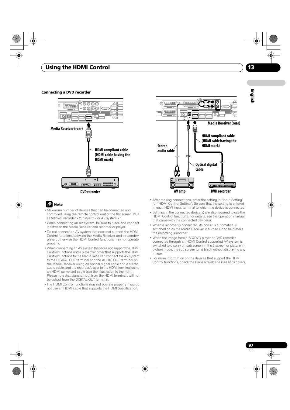 Using the hdmi control 13, En glish, Connecting a dvd recorder | Pioneer KRP-600A User Manual | Page 97 / 345