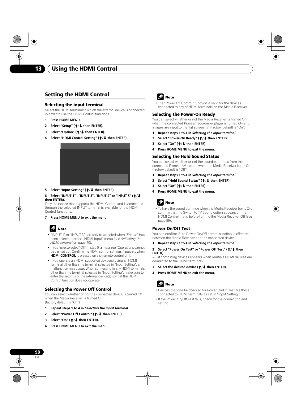 Setting the hdmi control, Using the hdmi control 13 | Pioneer KRP-600A User Manual | Page 98 / 345