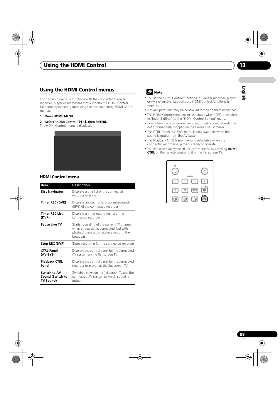 Using the hdmi control menus, Using the hdmi control 13 | Pioneer KRP-600A User Manual | Page 99 / 345