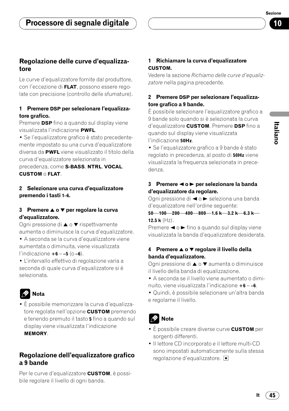 Regolazione delle curve, D’equalizzatore 45, Regolazione dell’equalizzatore grafico | A 9 bande 45, Processore di segnale digitale, Regolazione dell’equalizzatore grafico a 9 bande | Pioneer FH-P4000R User Manual | Page 101 / 172