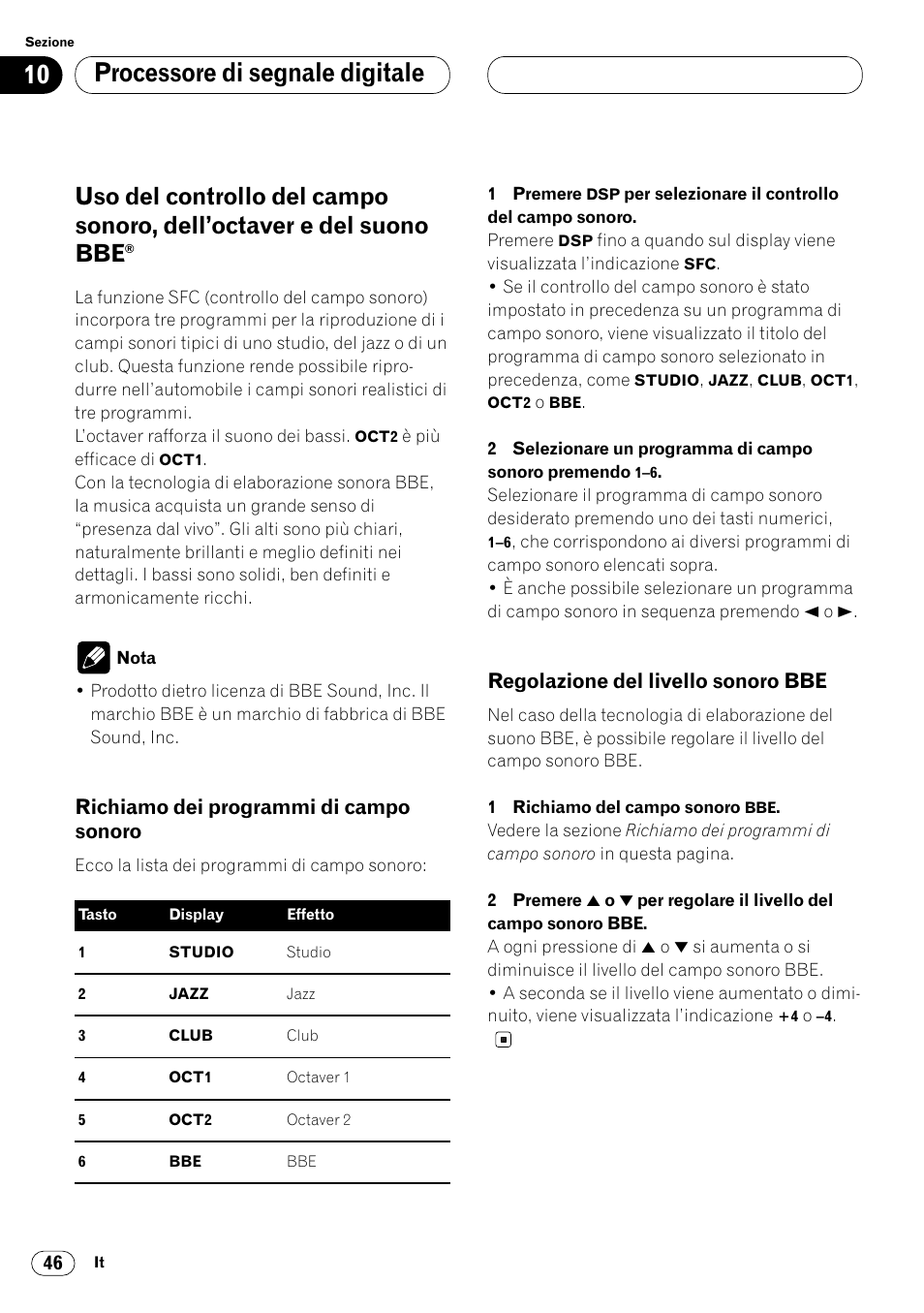Uso del controllo del campo sonoro, Dell’octaver e del suono bbe 46, Richiamo dei programmi di campo | Sonoro 46, Regolazione del livello sonoro bbe 46, Processore di segnale digitale, Richiamo dei programmi di campo sonoro, Regolazione del livello sonoro bbe | Pioneer FH-P4000R User Manual | Page 102 / 172