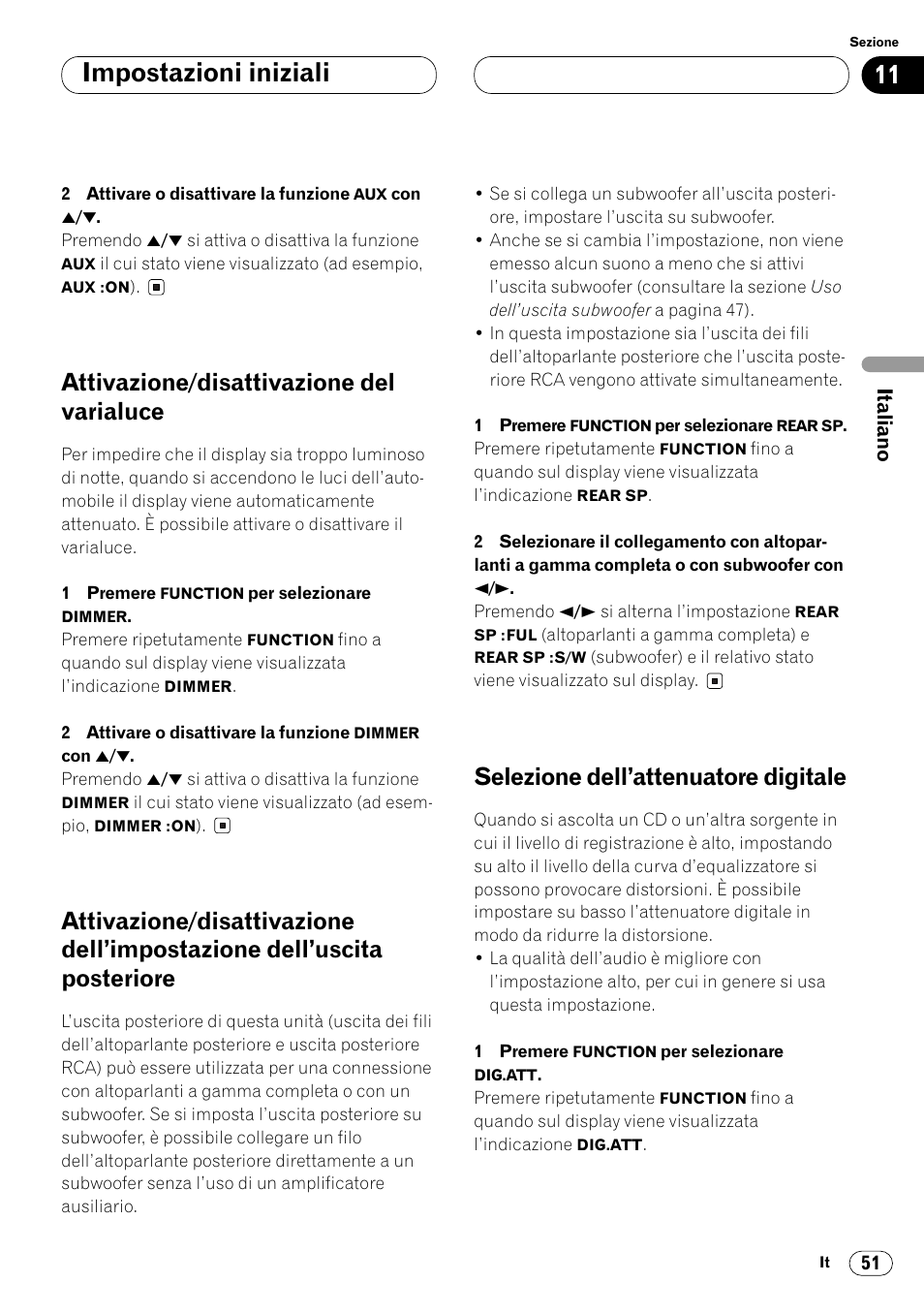 Dell’impostazione dell’uscita posteriore 51, Selezione dell’attenuatore digitale 51, Impostazioni iniziali | Attivazione/disattivazione del varialuce, Selezione dell’attenuatore digitale | Pioneer FH-P4000R User Manual | Page 107 / 172