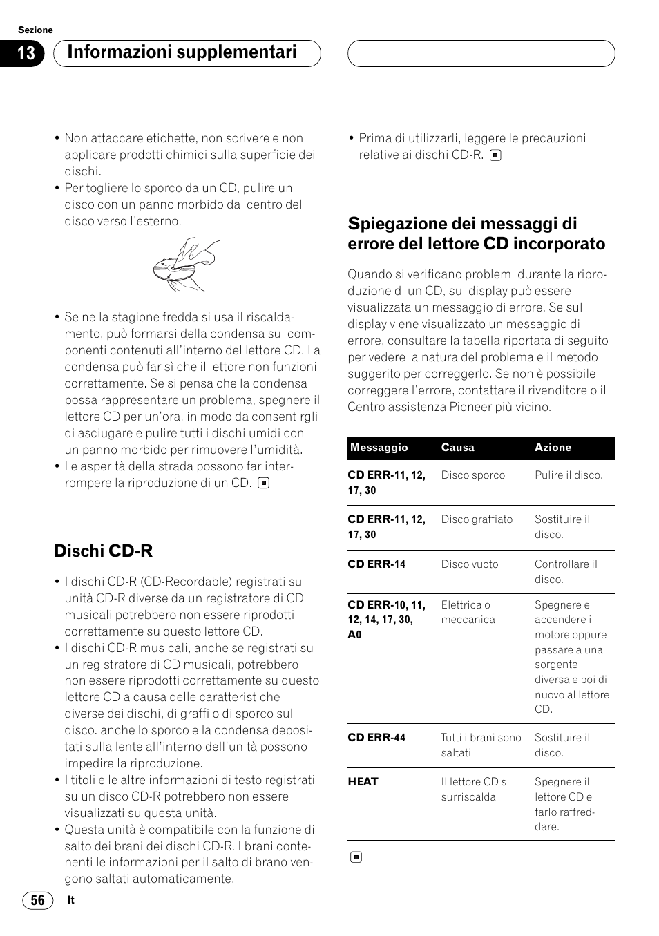 Lettore cd incorporato 56, Informazioni supplementari, Dischi cd-r | Pioneer FH-P4000R User Manual | Page 112 / 172