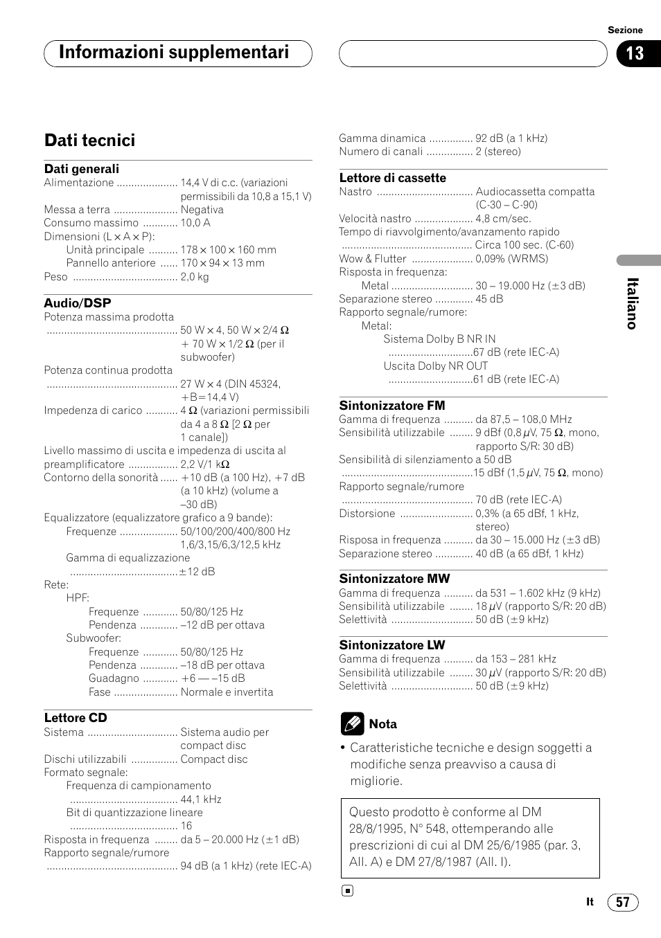 Dati tecnici 57, Informazioni supplementari, Dati tecnici | Pioneer FH-P4000R User Manual | Page 113 / 172