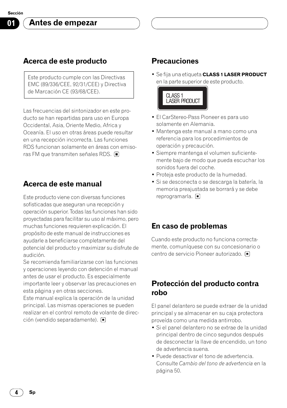 Antes de empezar, Acerca de este producto, Acerca de este manual | Precauciones, En caso de problemas, Protección del producto contra robo | Pioneer FH-P4000R User Manual | Page 116 / 172