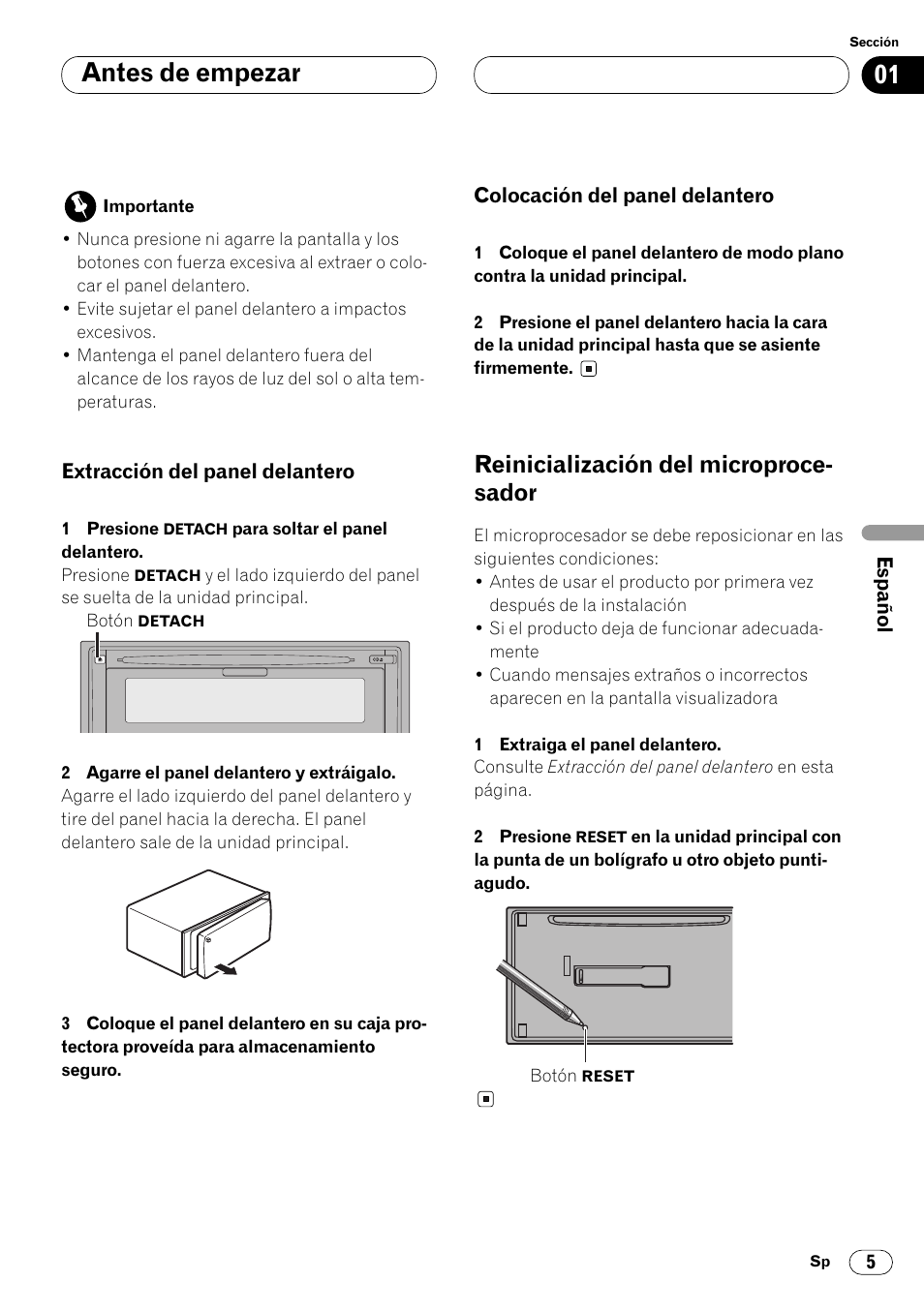 Reinicialización del microprocesador 5, Antes de empezar, Reinicialización del microproce- sador | Pioneer FH-P4000R User Manual | Page 117 / 172