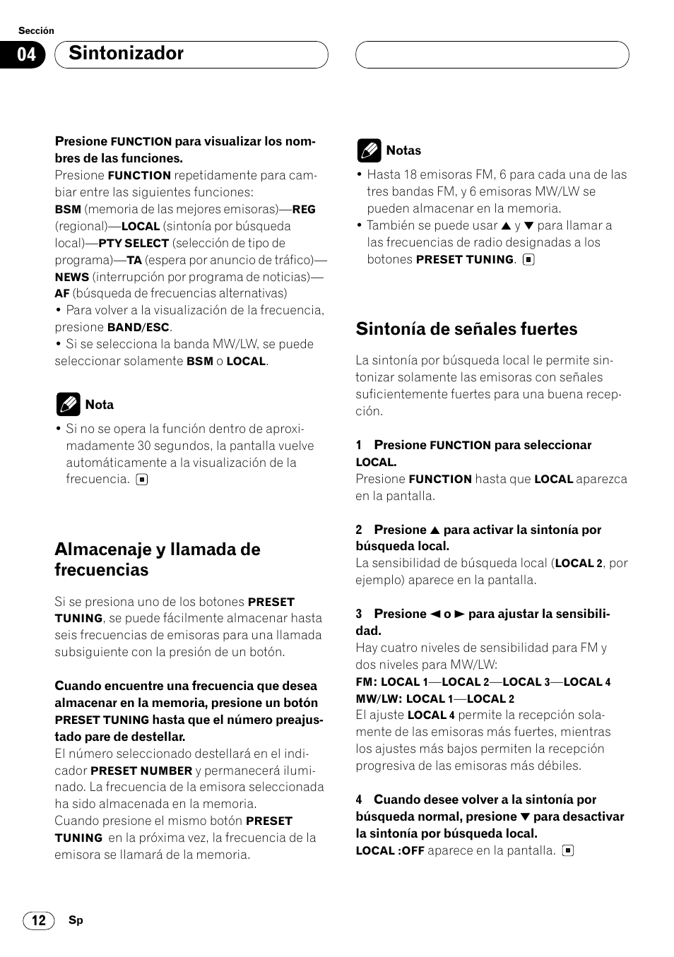 Sintonizador, Almacenaje y llamada de frecuencias, Sintonía de señales fuertes | Pioneer FH-P4000R User Manual | Page 124 / 172