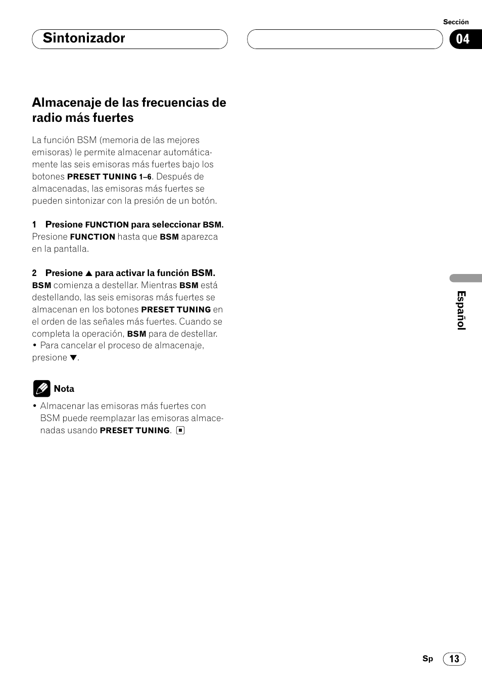 Almacenaje de las frecuencias de radio, Más fuertes 13, Sintonizador | Almacenaje de las frecuencias de radio más fuertes | Pioneer FH-P4000R User Manual | Page 125 / 172