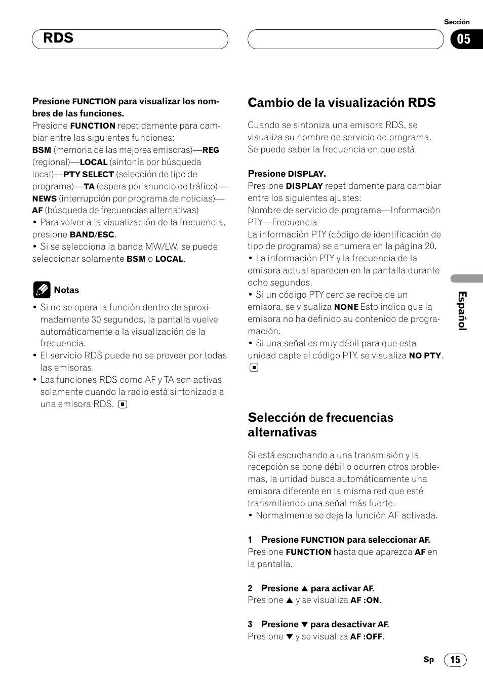 Cambio de la visualización rds, Selección de frecuencias alternativas | Pioneer FH-P4000R User Manual | Page 127 / 172