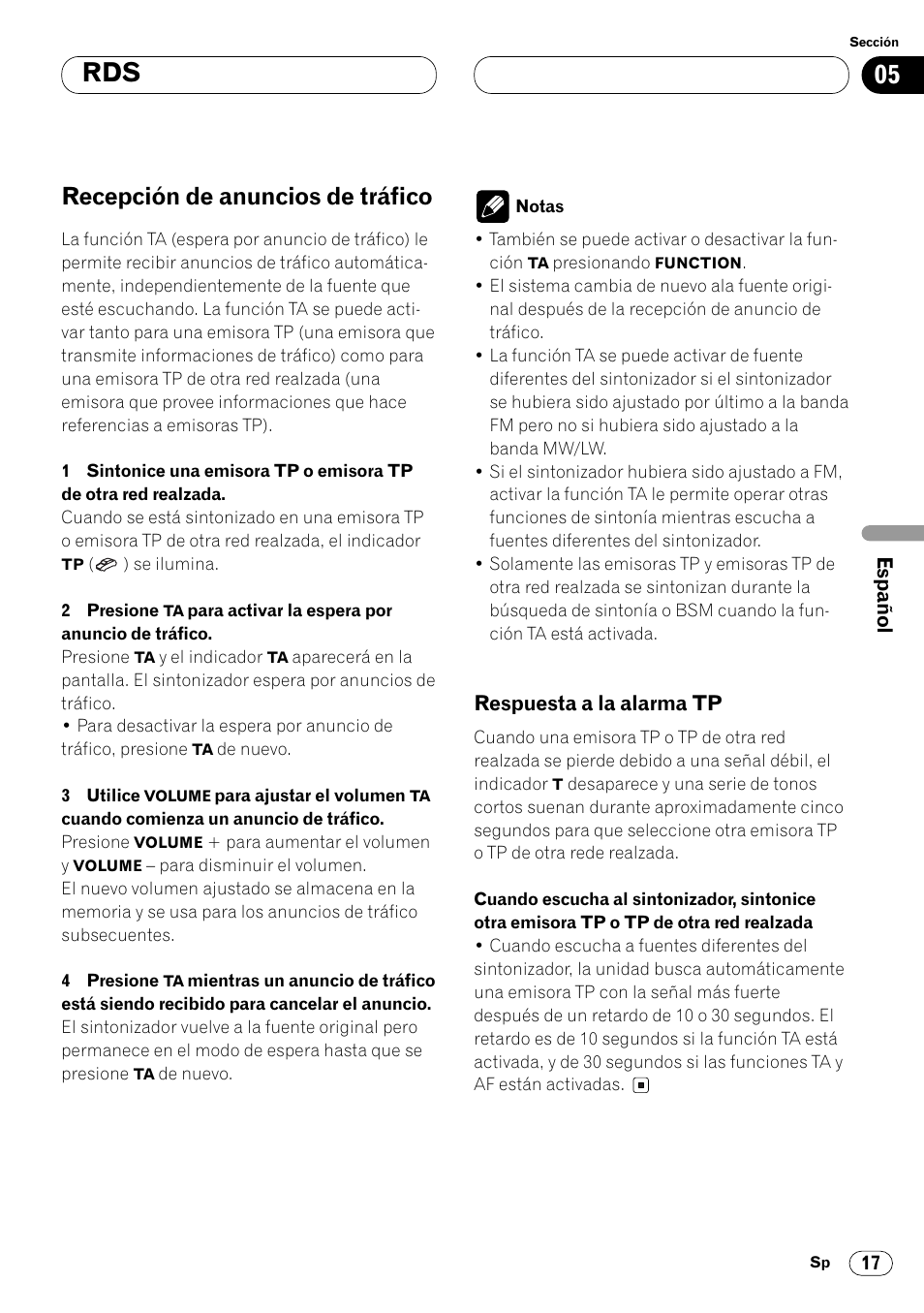 Recepción de anuncios de tráfico 17, Respuesta a la alarma tp 17, Recepción de anuncios de tráfico | Pioneer FH-P4000R User Manual | Page 129 / 172