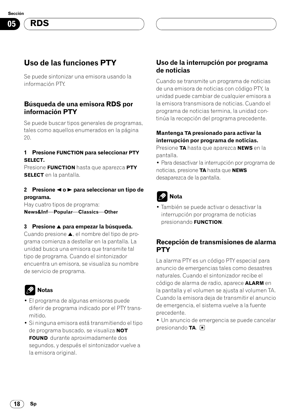 Uso de las funciones pty 18, Búsqueda de una emisora rds por, Información pty 18 | Uso de la interrupción por programa de, Noticias 18, Recepción de transmisiones de alarma, Pty 18, Uso de las funciones pty | Pioneer FH-P4000R User Manual | Page 130 / 172