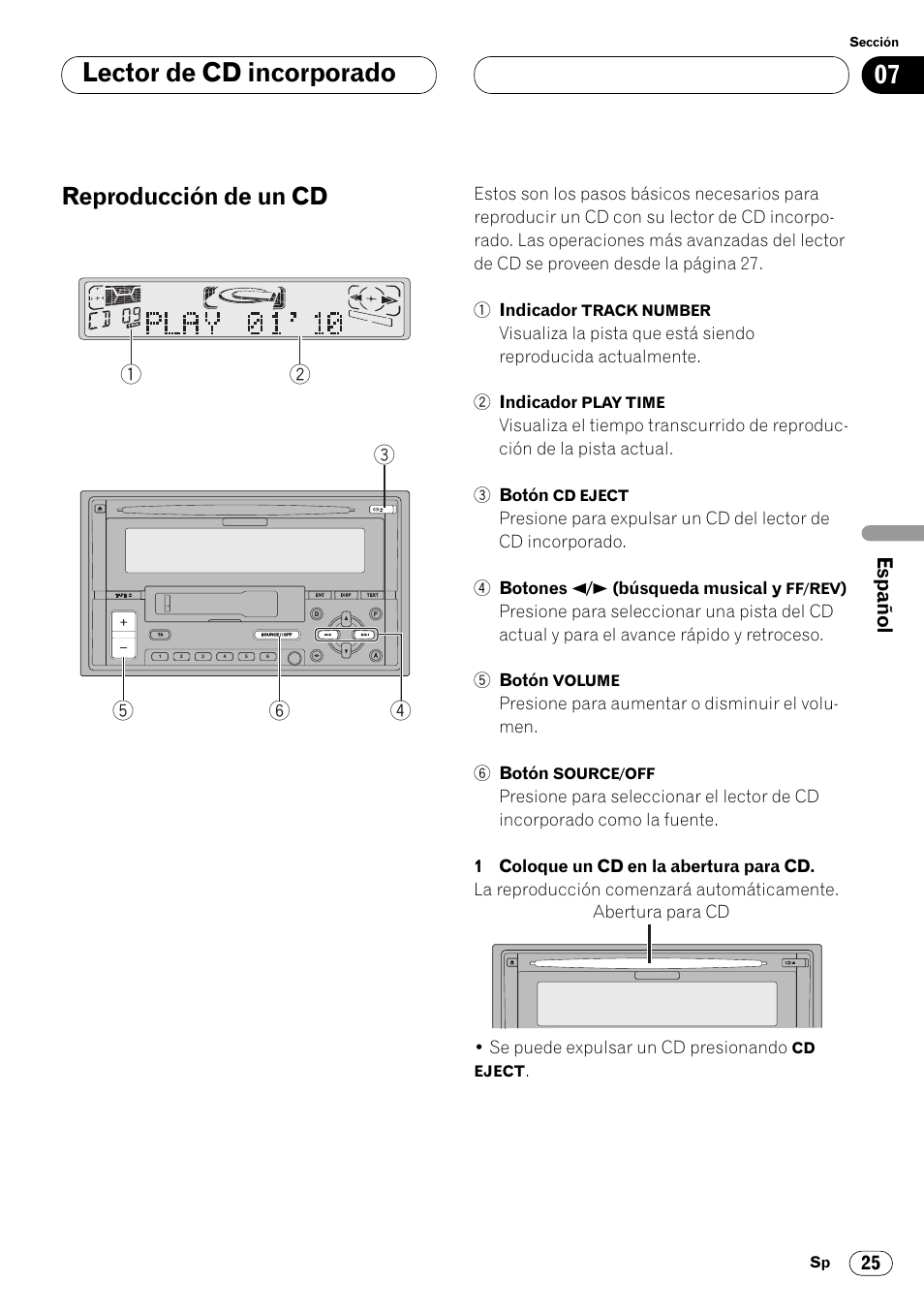 Lector de cd incorporado reproducción de un cd 25, Lector de cd incorporado, Reproducción de un cd | Pioneer FH-P4000R User Manual | Page 137 / 172