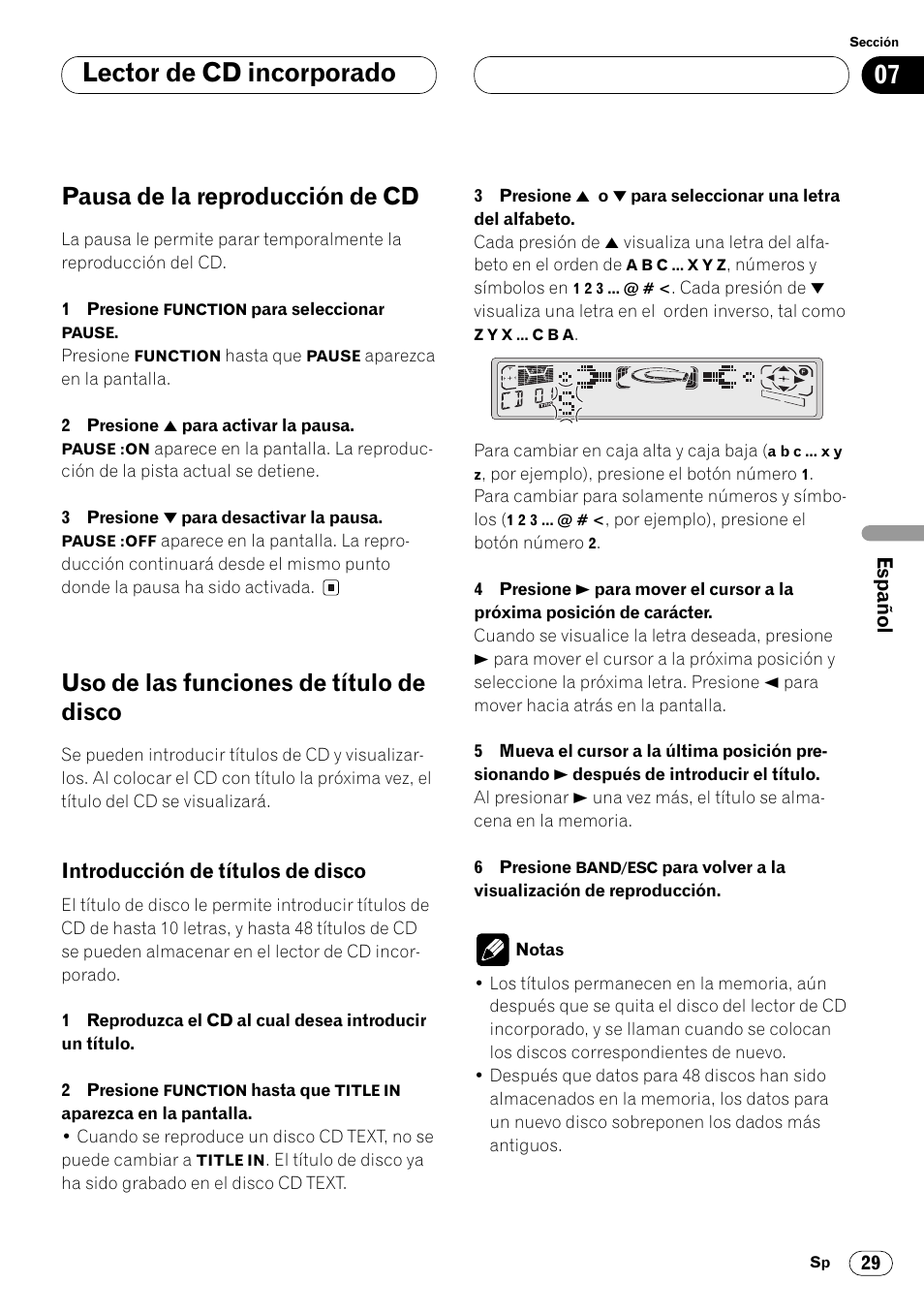 Introducción de títulos de disco 29, Lector de cd incorporado, Pausa de la reproducción de cd | Uso de las funciones de título de disco | Pioneer FH-P4000R User Manual | Page 141 / 172