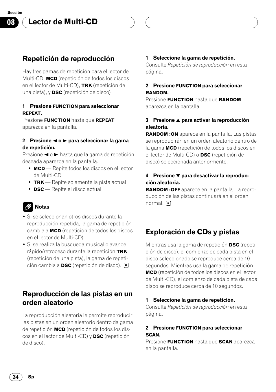 Aleatorio 34, Exploración de cds y pistas 34, Lector de multi-cd | Repetición de reproducción, Reproducción de las pistas en un orden aleatorio, Exploración de cds y pistas | Pioneer FH-P4000R User Manual | Page 146 / 172