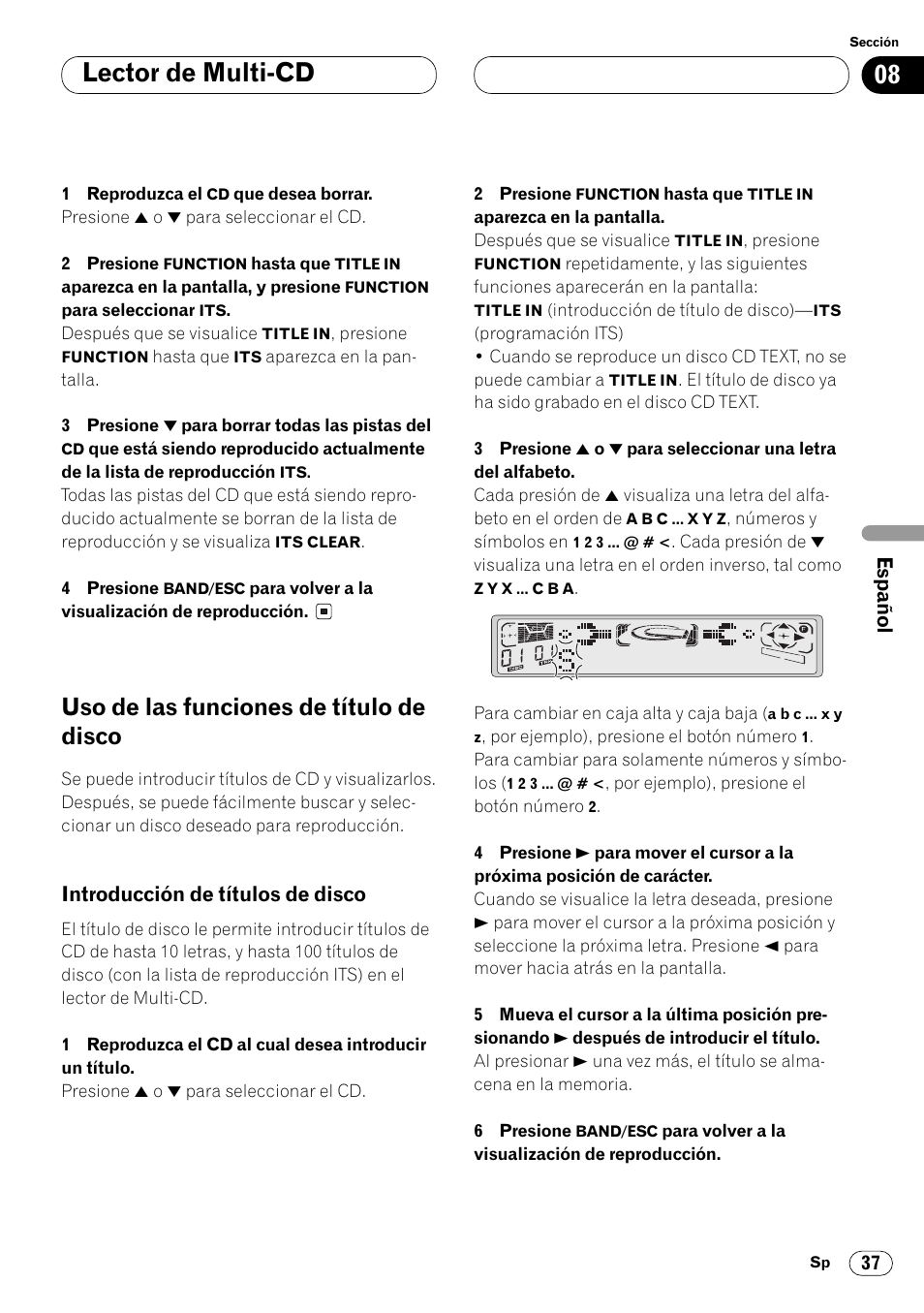 Uso de las funciones de título de disco 37, Introducción de títulos de disco 37, Lector de multi-cd | Uso de las funciones de título de disco | Pioneer FH-P4000R User Manual | Page 149 / 172