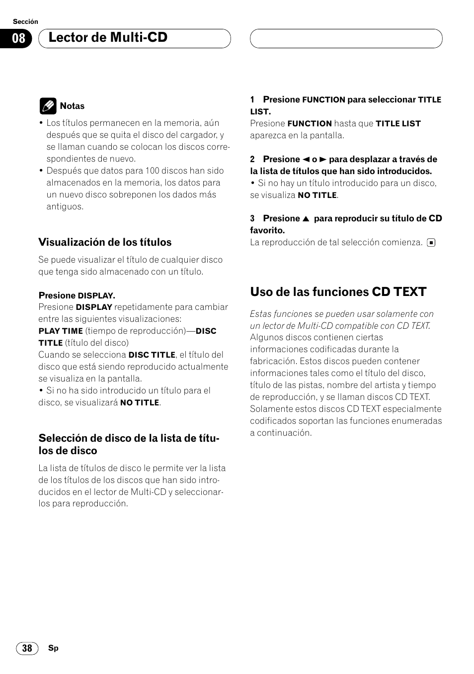 De disco 38, Uso de las funciones cd text 38, Lector de multi-cd | Uso de las funciones cd text | Pioneer FH-P4000R User Manual | Page 150 / 172