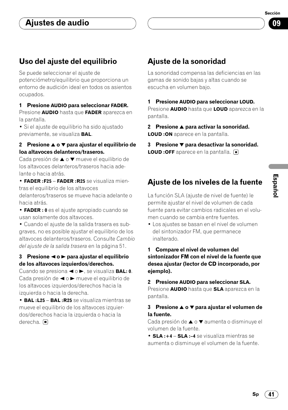 Ajustes de audio, Uso del ajuste del equilibrio, Ajuste de la sonoridad | Ajuste de los niveles de la fuente | Pioneer FH-P4000R User Manual | Page 153 / 172