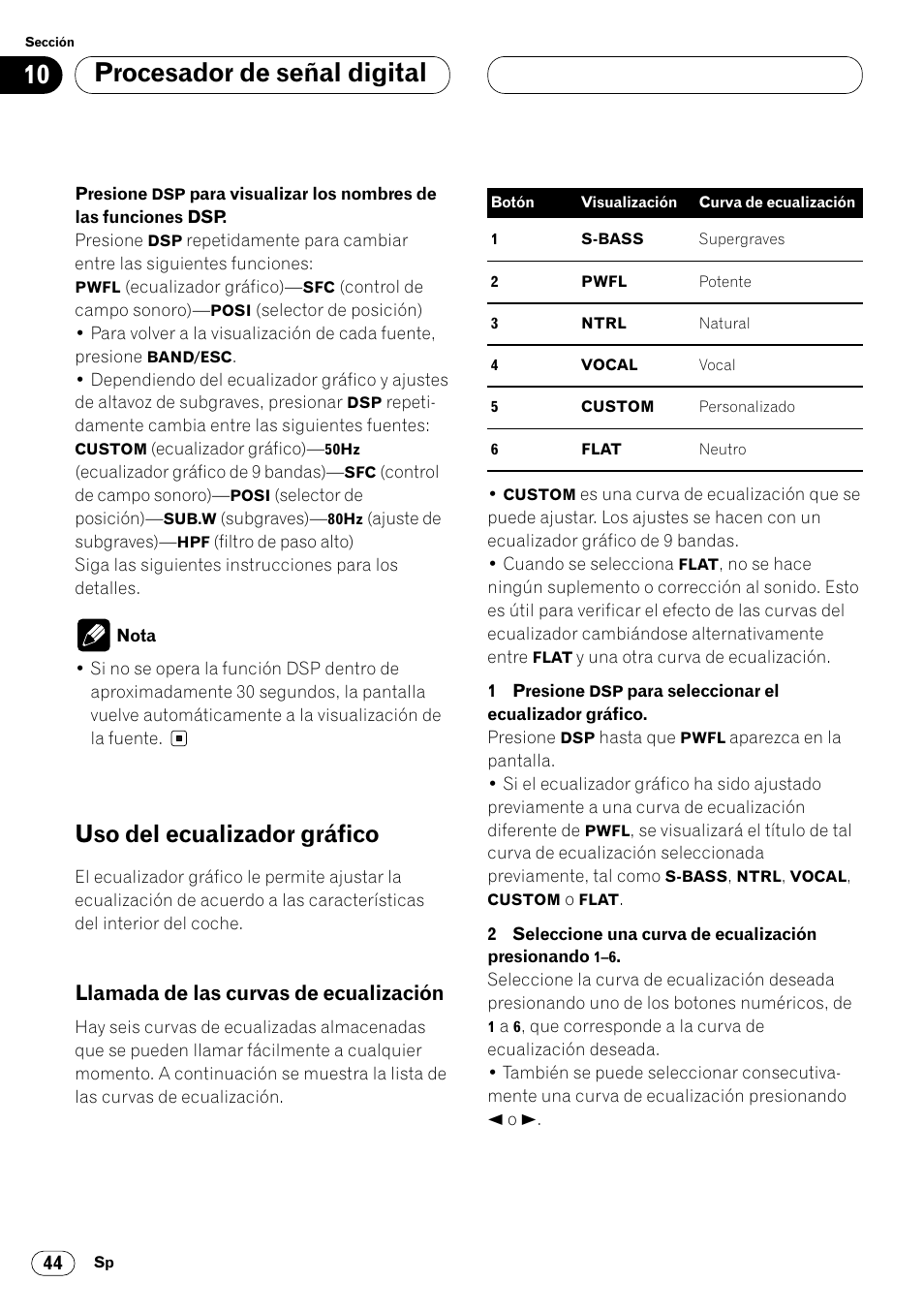 Uso del ecualizador gráfico 44, Llamada de las curvas de, Ecualización 44 | Procesador de señal digital, Uso del ecualizador gráfico, Llamada de las curvas de ecualización | Pioneer FH-P4000R User Manual | Page 156 / 172