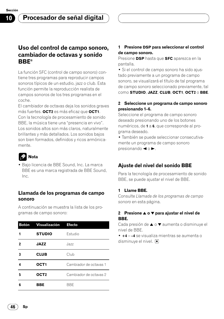 Uso del control de campo sonoro, cambi, Sonoro 46, Ajuste del nivel del sonido bbe 46 | Procesador de señal digital, Llamada de los programas de campo sonoro, Ajuste del nivel del sonido bbe | Pioneer FH-P4000R User Manual | Page 158 / 172