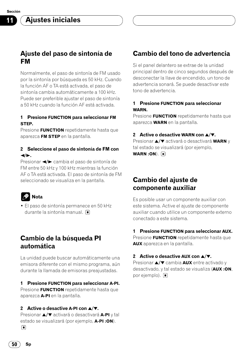 Auxiliar 50, Ajustes iniciales, Ajuste del paso de sintonía de fm | Cambio de la búsqueda pi automática, Cambio del tono de advertencia, Cambio del ajuste de componente auxiliar | Pioneer FH-P4000R User Manual | Page 162 / 172