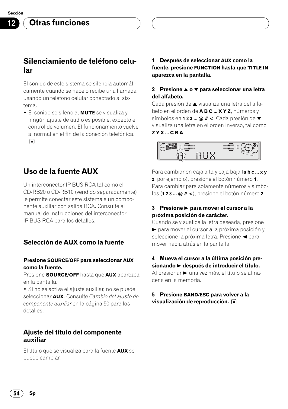 Auxiliar 54, Otras funciones, Silenciamiento de teléfono celu- lar | Uso de la fuente aux | Pioneer FH-P4000R User Manual | Page 166 / 172