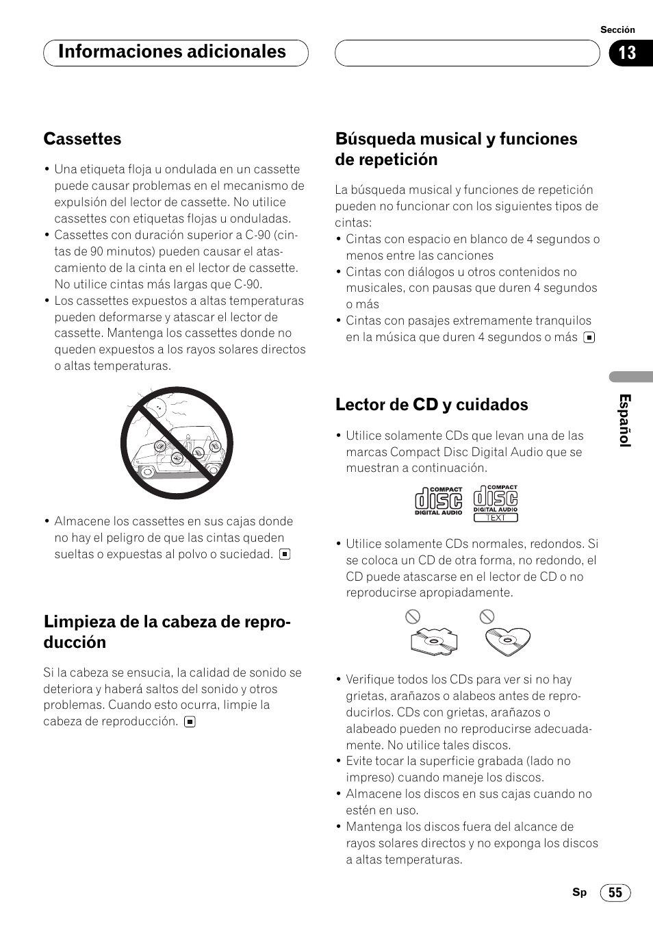 Repetición 55, Lector de cd y cuidados 55, Informaciones adicionales | Cassettes, Limpieza de la cabeza de repro- ducción, Búsqueda musical y funciones de repetición, Lector de cd y cuidados | Pioneer FH-P4000R User Manual | Page 167 / 172