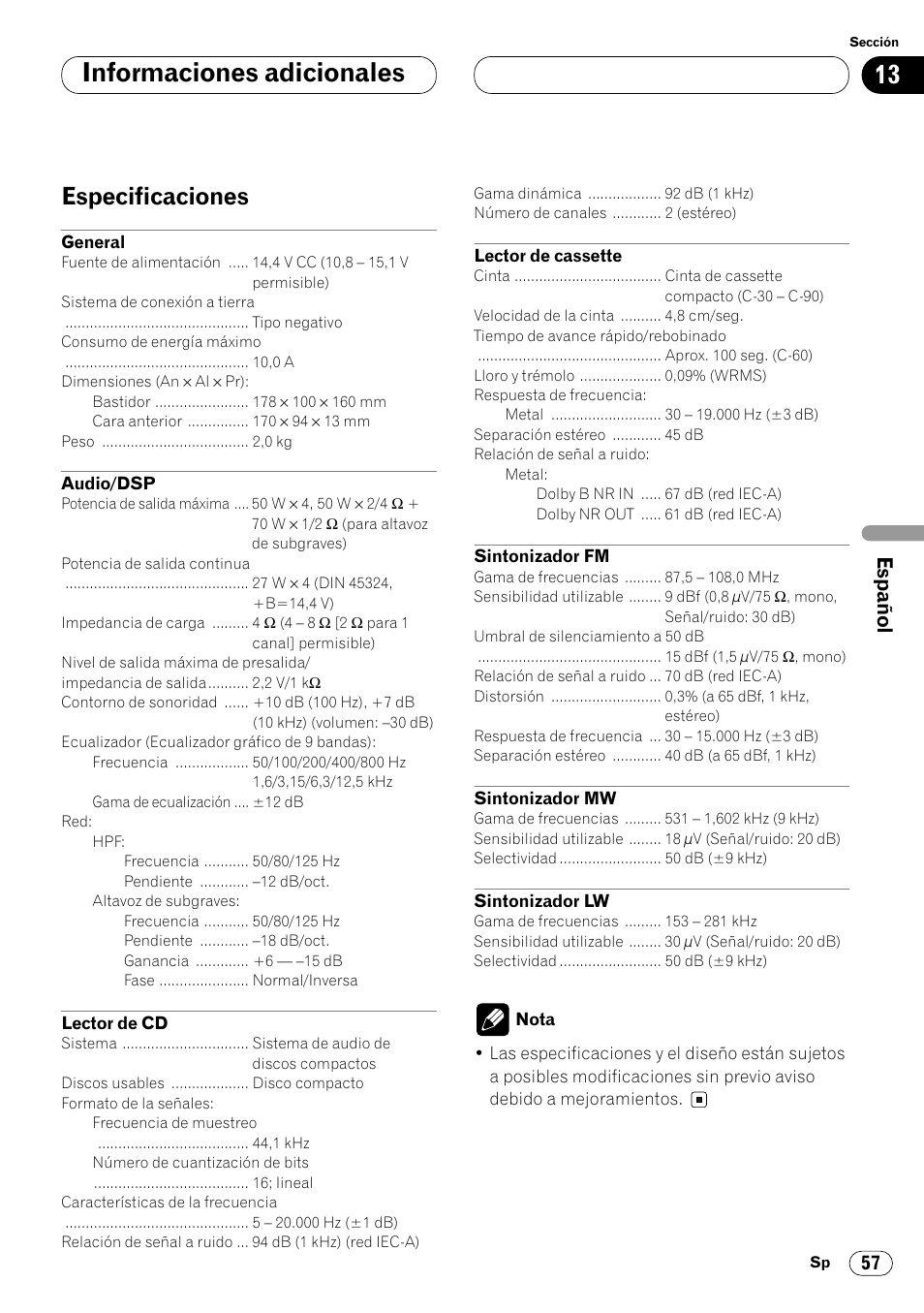 Especificaciones 57, Informaciones adicionales, Especificaciones | Pioneer FH-P4000R User Manual | Page 169 / 172