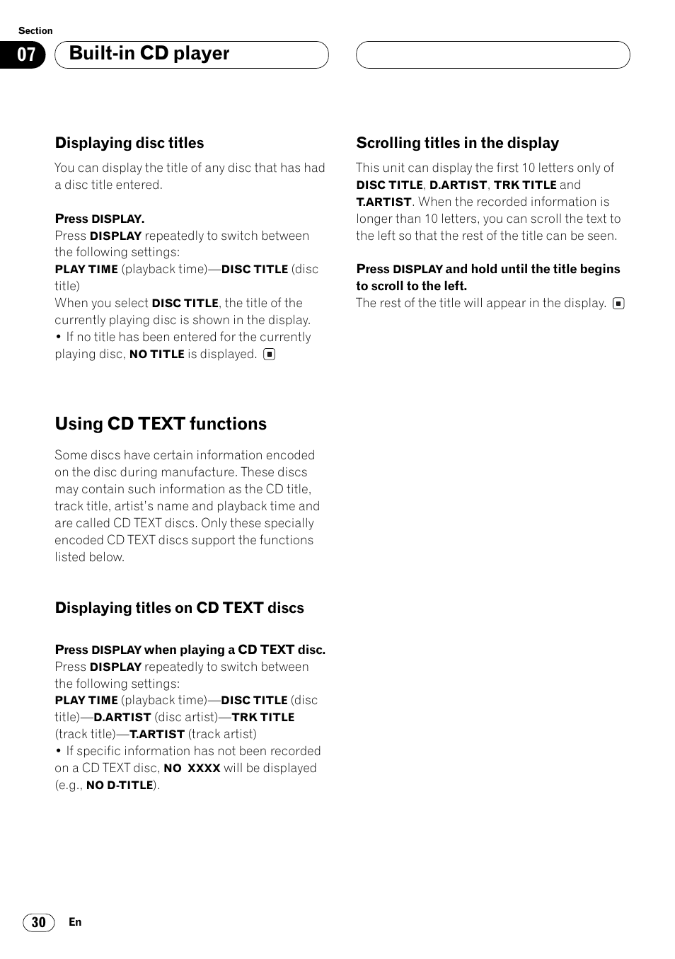 Displaying disc titles 30, Using cd text functions 30, Built-in cd player | Using cd text functions, Displaying disc titles, Displaying titles on cd text discs, Scrolling titles in the display | Pioneer FH-P4000R User Manual | Page 30 / 172