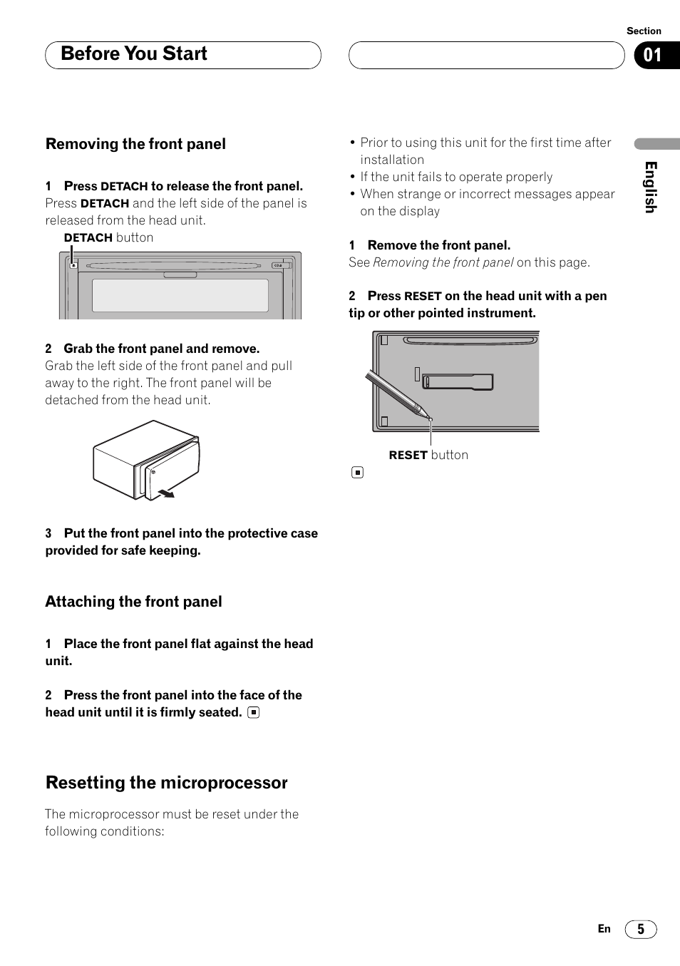 Resetting the microprocessor 5, Before you start, Resetting the microprocessor | Pioneer FH-P4000R User Manual | Page 5 / 172