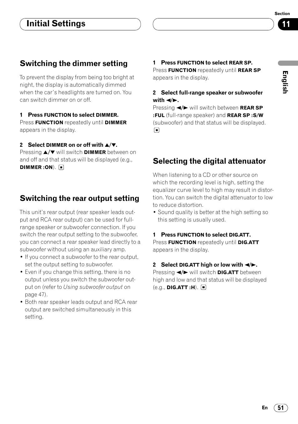 Initial settings, Switching the dimmer setting, Switching the rear output setting | Selecting the digital attenuator | Pioneer FH-P4000R User Manual | Page 51 / 172