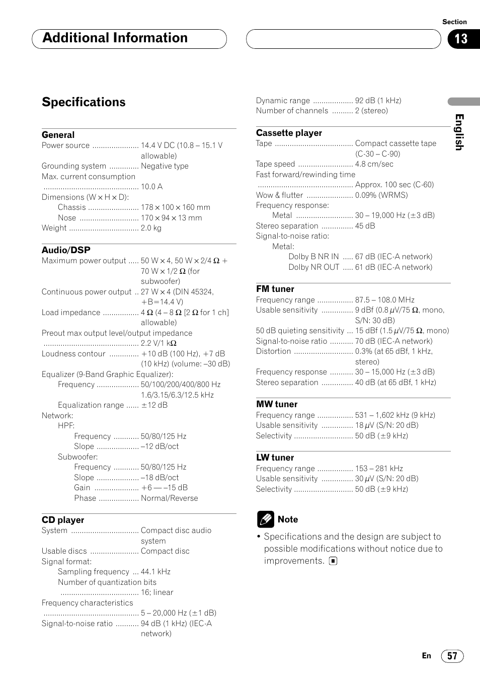 Specifications 57, Additional information, Specifications | Pioneer FH-P4000R User Manual | Page 57 / 172
