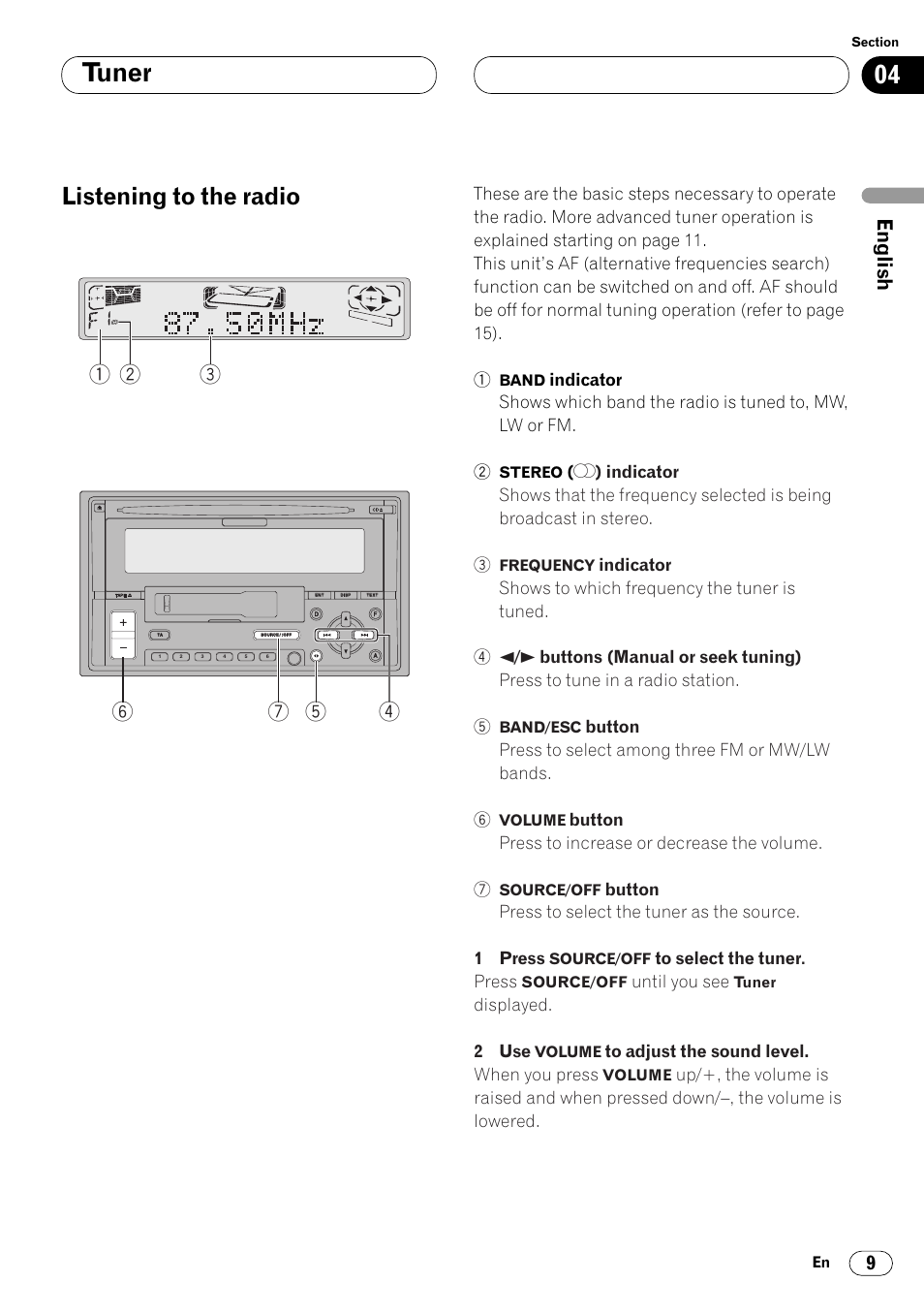 Tuner listening to the radio 9, Tuner, Listening to the radio | Pioneer FH-P4000R User Manual | Page 9 / 172