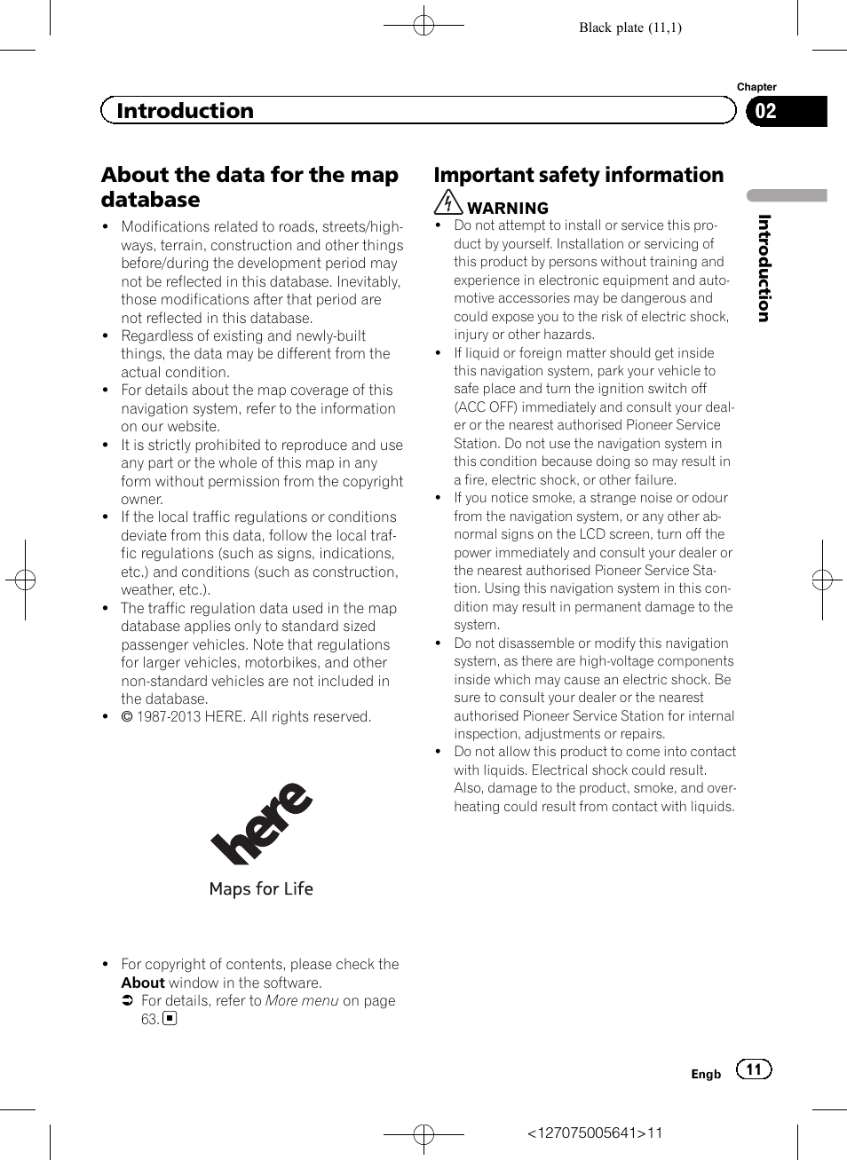About the data for the map database, Important safety information, Introduction | Pioneer AVIC-F160 User Manual | Page 11 / 76