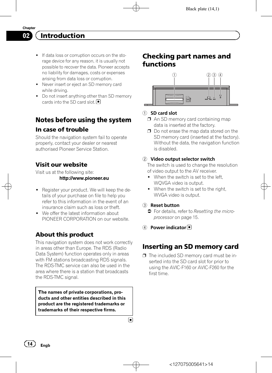 Notes before using the system, In case of trouble 14, Visit our website 14 | About this product 14, Checking part names and functions, Inserting an sd memory card, 02 introduction | Pioneer AVIC-F160 User Manual | Page 14 / 76