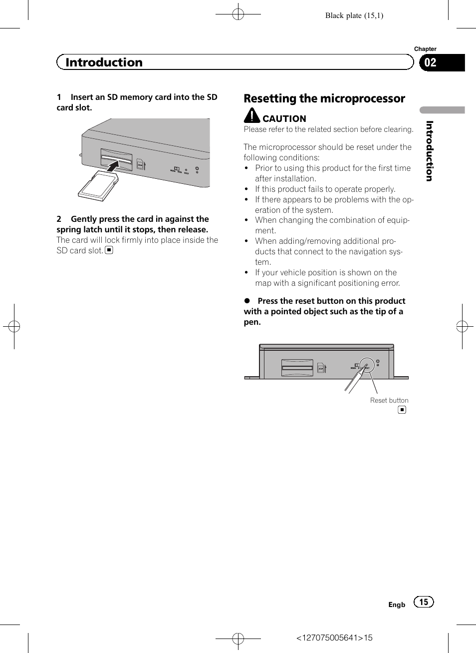 Resetting the microprocessor, Introduction | Pioneer AVIC-F160 User Manual | Page 15 / 76