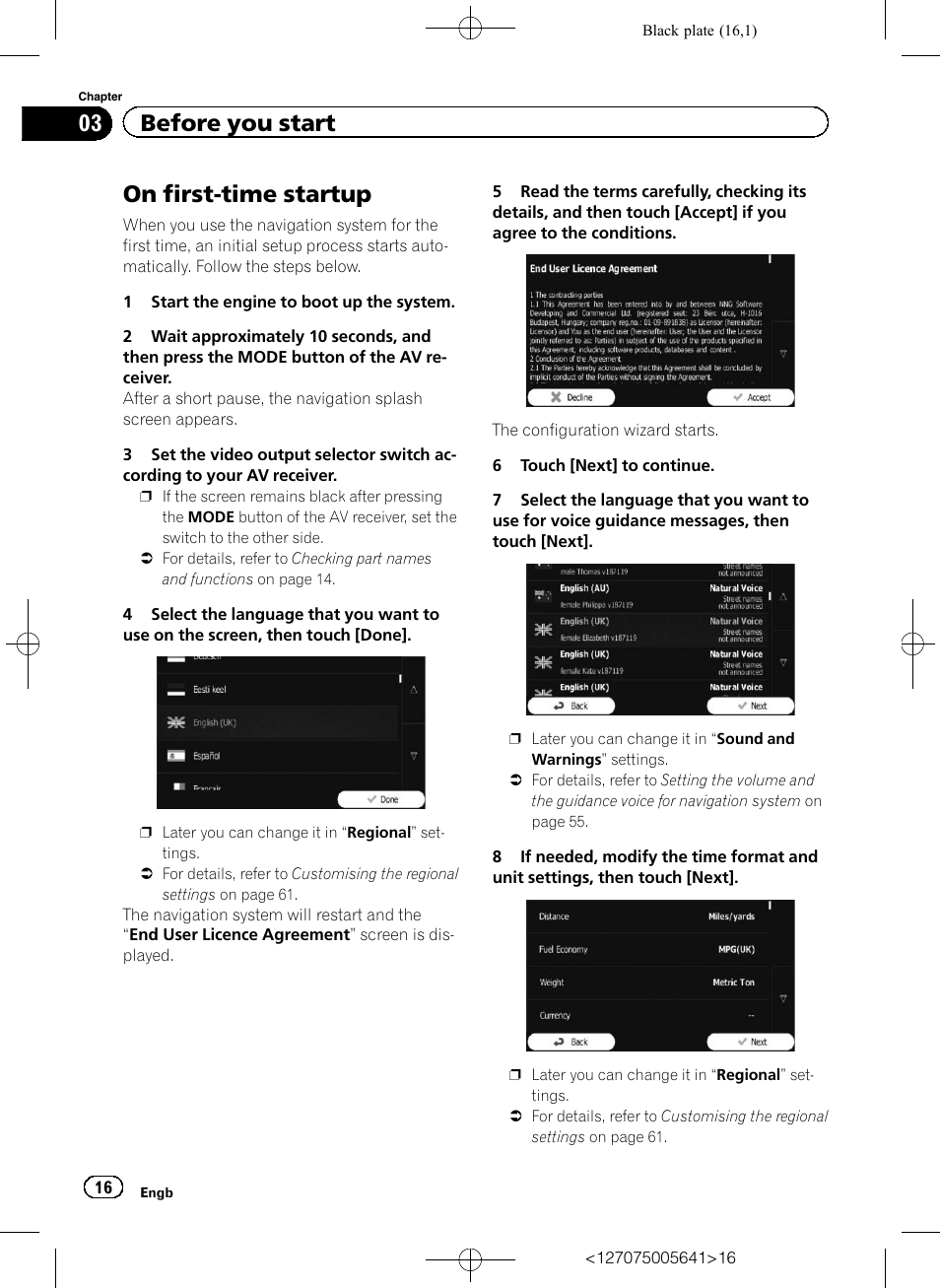 Before you start on first-time startup, On first-time startup, 03 before you start | Pioneer AVIC-F160 User Manual | Page 16 / 76