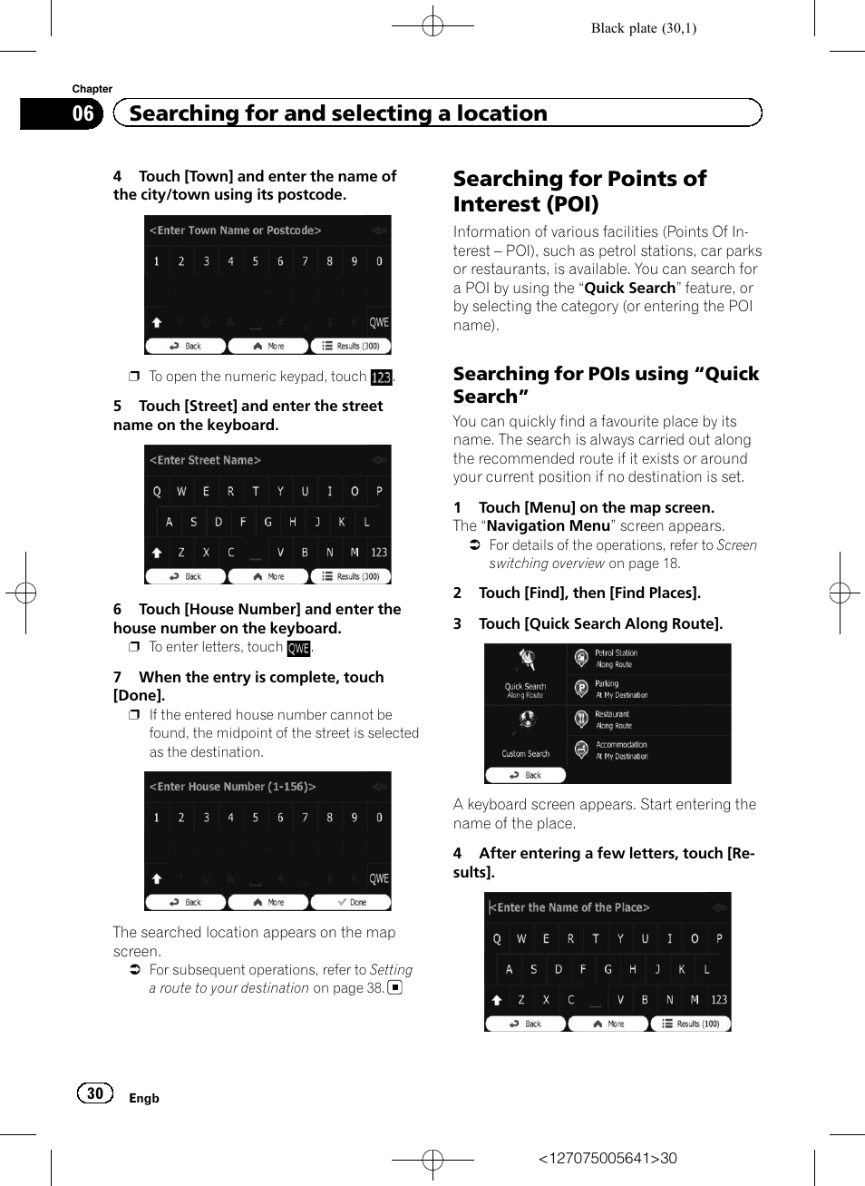 Searching for points of interest (poi), Searching for pois using “quick, Search | 06 searching for and selecting a location, Searching for pois using “quick search | Pioneer AVIC-F160 User Manual | Page 30 / 76