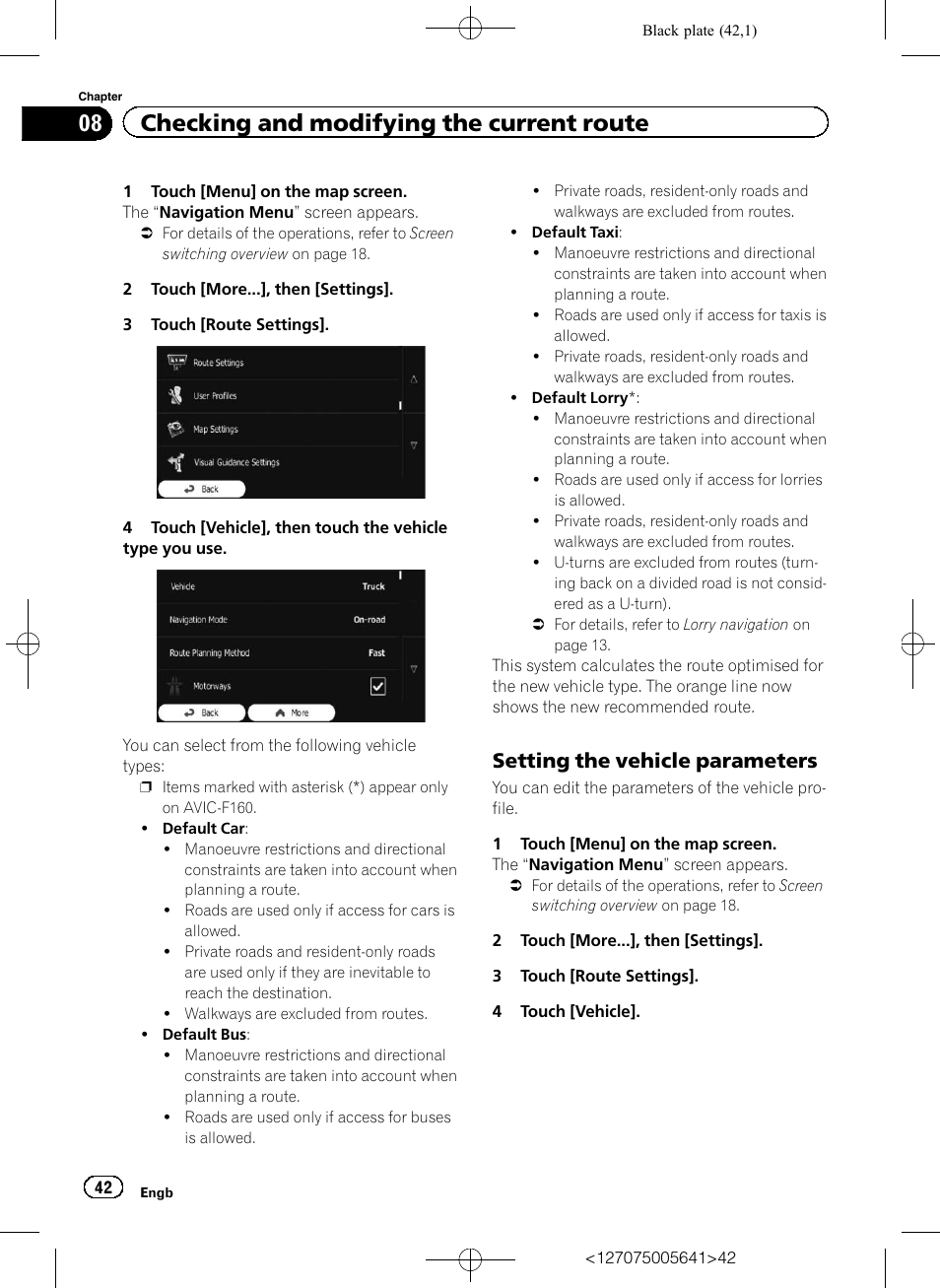 Setting the vehicle parameters 42, 08 checking and modifying the current route, Setting the vehicle parameters | Pioneer AVIC-F160 User Manual | Page 42 / 76