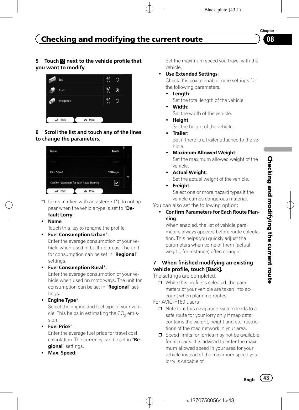 Checking and modifying the current route | Pioneer AVIC-F160 User Manual | Page 43 / 76